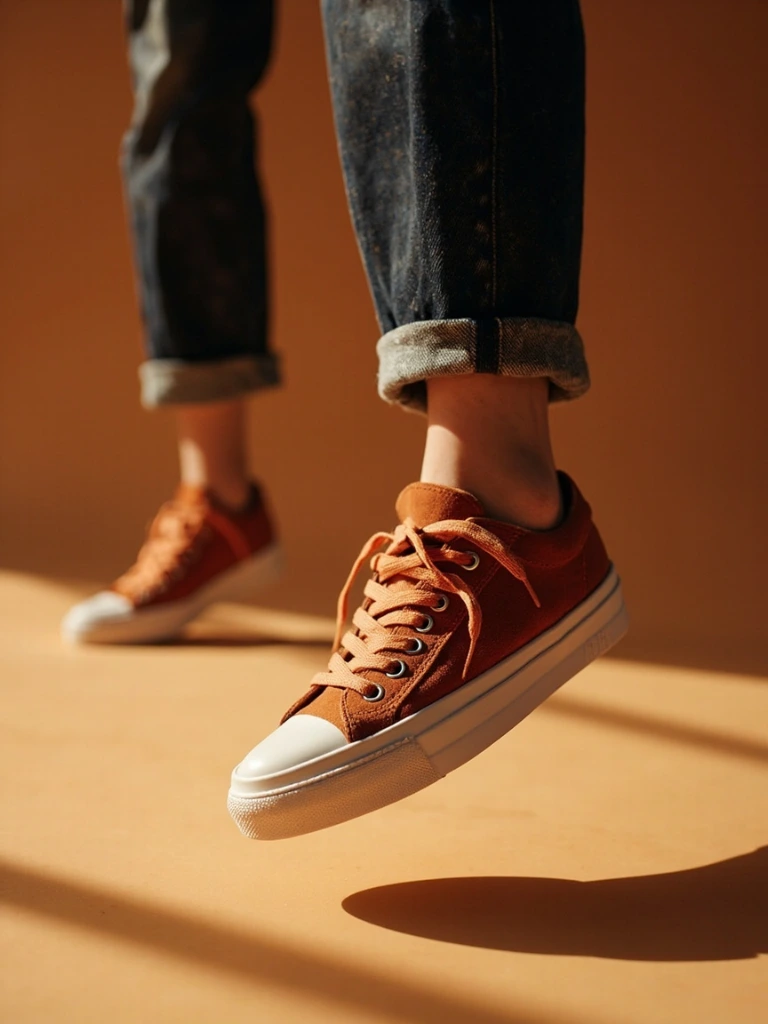 Lifestyle on-foot photograph of a rust-orange suede DTC sneaker in soft daylight